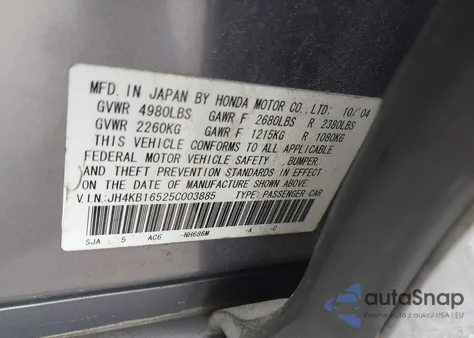 2005 Acura Rl 3.5 z USA, uszkodzony, nr VIN JH4KB16525C003885